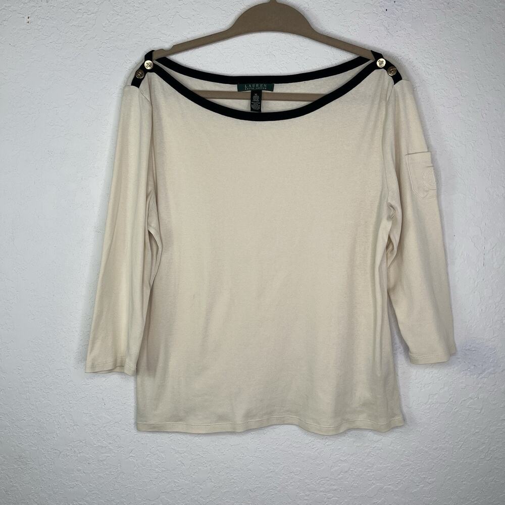 Lauren Ralph Lauren Boat Neck Beige Blouse Size XL, 100% Cotton, preppy, casual.